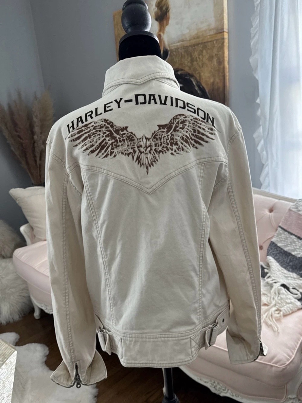 Harley-Davidson Cream Denim Jacket with Brown Eagle Back Graphic